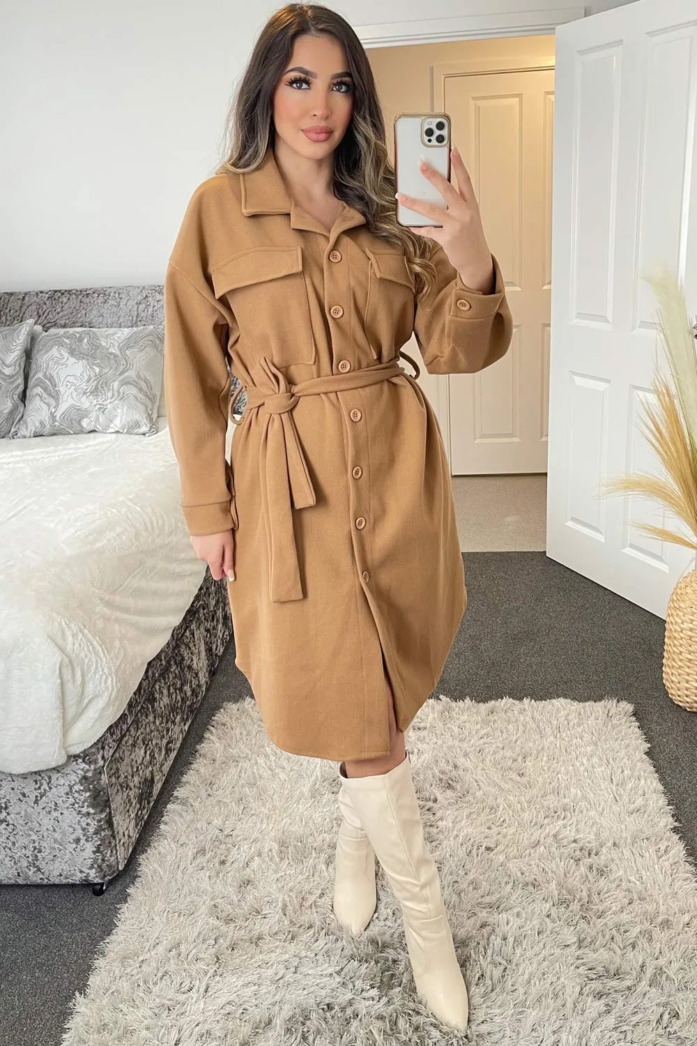 Melonie Camel Oversized Longline Belted Shacket
