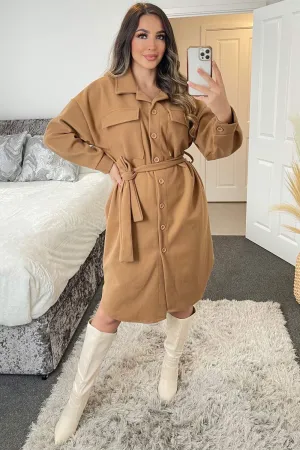Melonie Camel Oversized Longline Belted Shacket