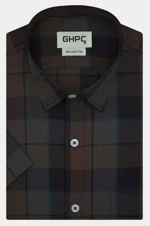 Men's 100% Cotton Graph Checkered Half Sleeves Shirt (Brown)