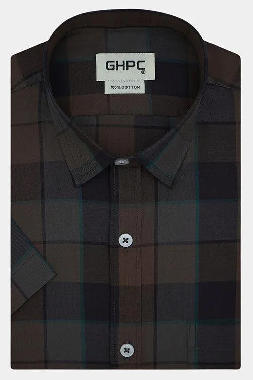 Men's 100% Cotton Graph Checkered Half Sleeves Shirt (Brown)