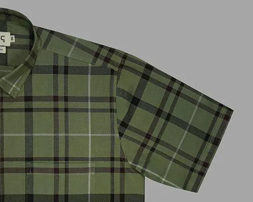 Men's 100% Cotton Grid Tattersall Checkered Half Sleeves Shirt (Green)