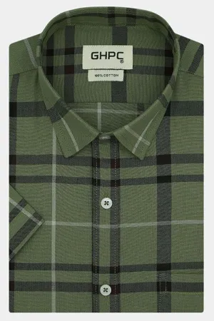 Men's 100% Cotton Grid Tattersall Checkered Half Sleeves Shirt (Green)