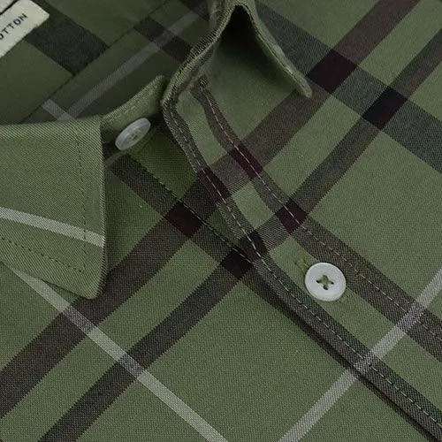 Men's 100% Cotton Grid Tattersall Checkered Half Sleeves Shirt (Green)
