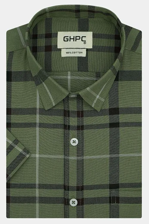 Men's 100% Cotton Grid Tattersall Checkered Half Sleeves Shirt (Green)