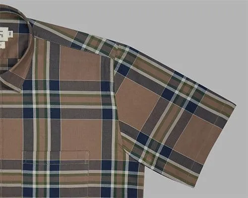Men's 100% Cotton Half Sleeves Tartan Plaid Checkered Shirt (Blue)