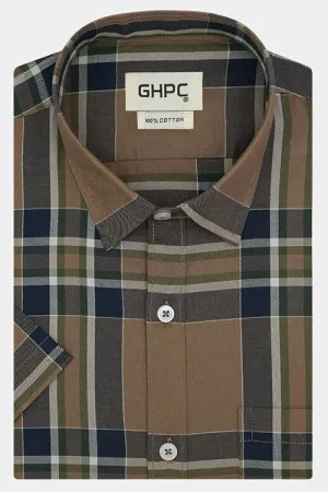 Men's 100% Cotton Half Sleeves Tartan Plaid Checkered Shirt (Blue)