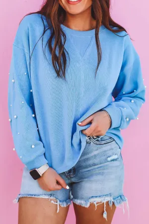 Myosotis Pearled Sleeves Drop Shoulder Round Neck Pullover Sweatshirt