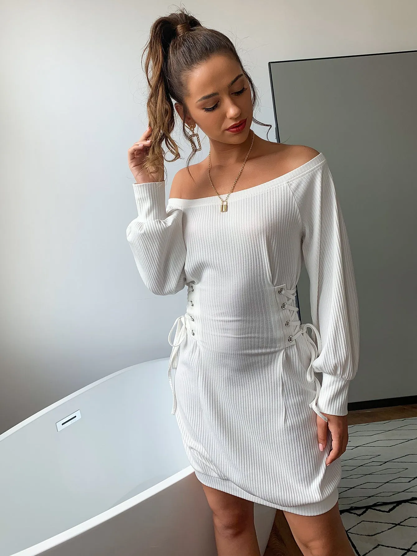 One-Shoulder Bubble Sleeve Knit Work Dress