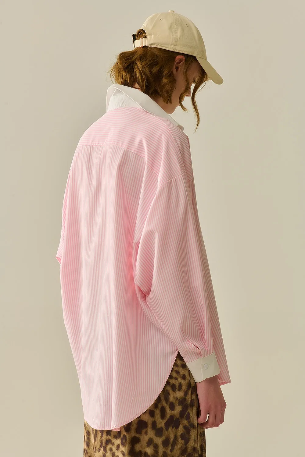 Pink Striped Shirt with pocket and white collar