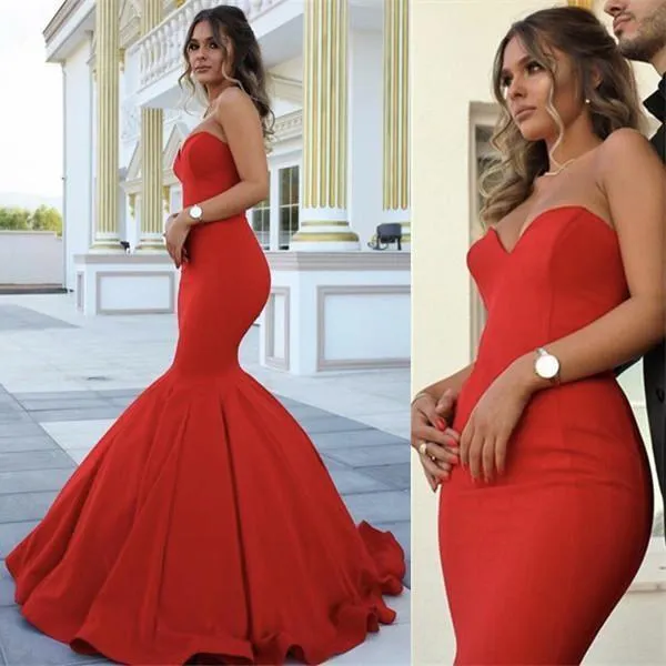 Red Chic Strapless Sleeveless Sweetheart Mermaid Satin Full-length Prom SWK13348