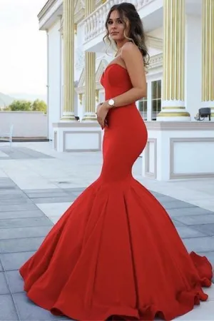 Red Chic Strapless Sleeveless Sweetheart Mermaid Satin Full-length Prom SWK13348