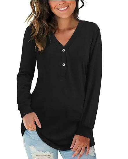 Ribbed Long Sleeve Henley Shirt Button Down Casual Tops