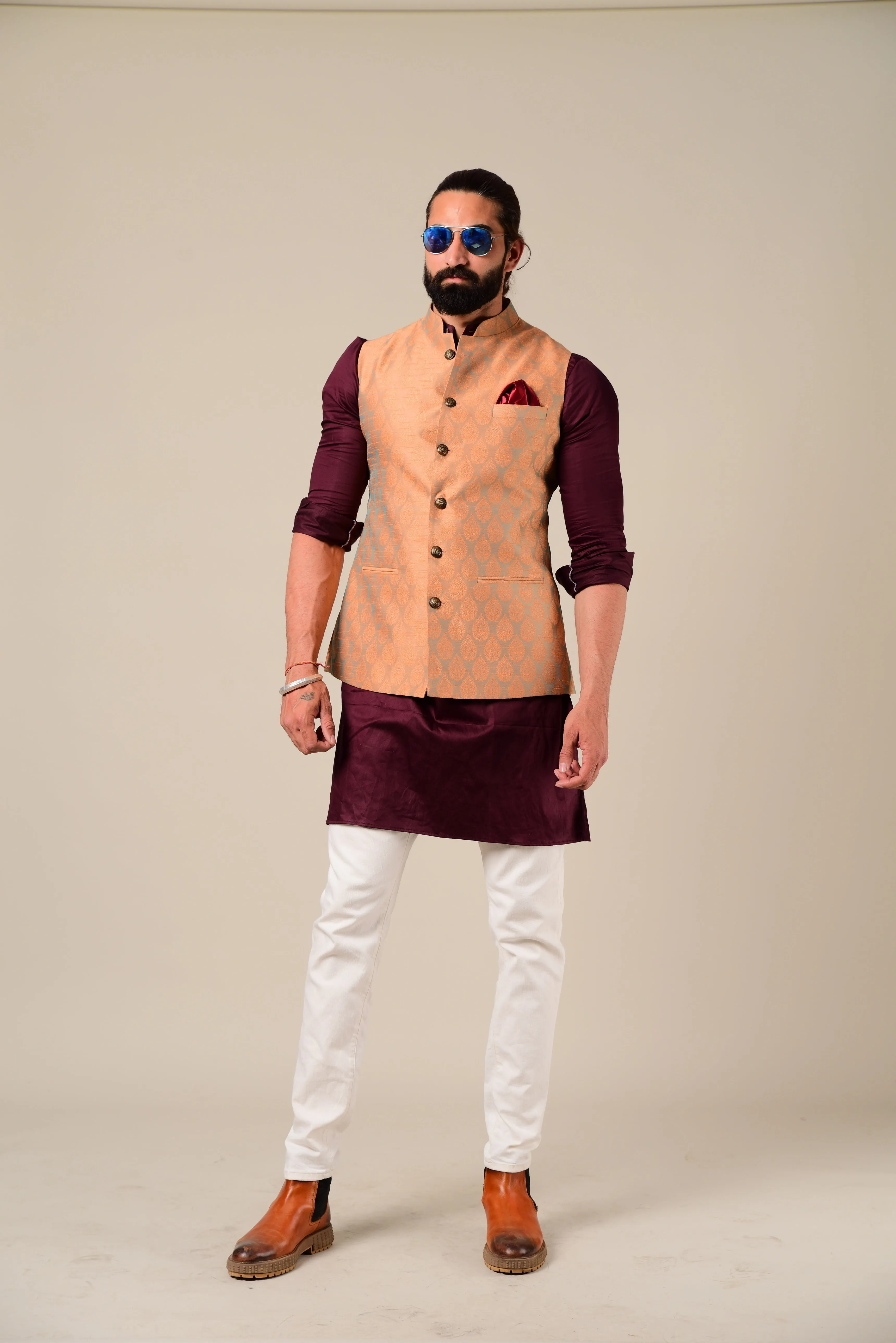 Rust Cyan Designer Brocade Half Jodhpuri Jacket With Kurta Pajama Set