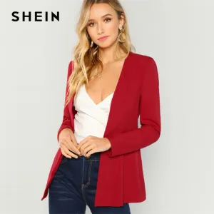 SHEIN Burgundy Pearl Beaded Hook And Eye Blazer Elegant Longline Workwear Coat Women Autumn Long Sleeve Plain Outerwear