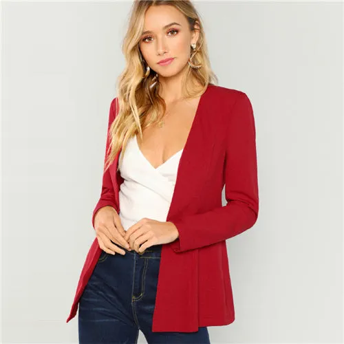 SHEIN Burgundy Pearl Beaded Hook And Eye Blazer Elegant Longline Workwear Coat Women Autumn Long Sleeve Plain Outerwear