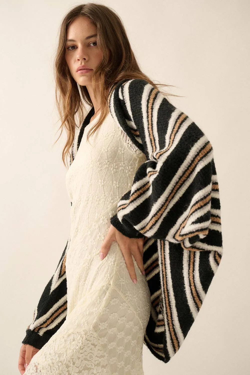 Striped Rib-Knit Oversize Shrug Cardigan