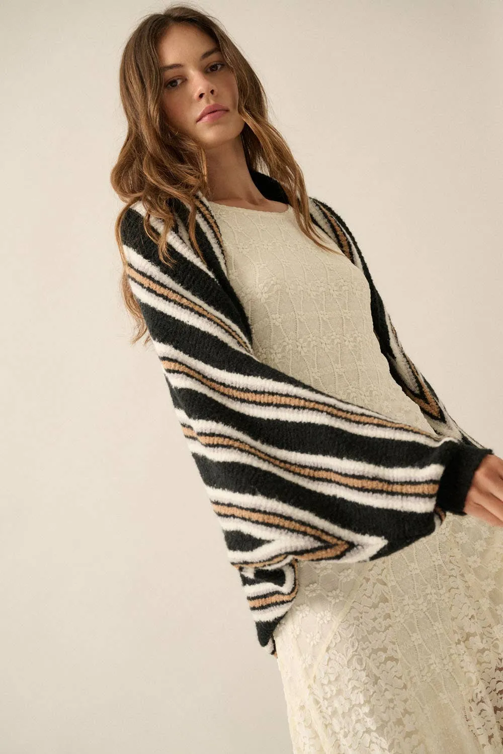 Striped Rib-Knit Oversize Shrug Cardigan