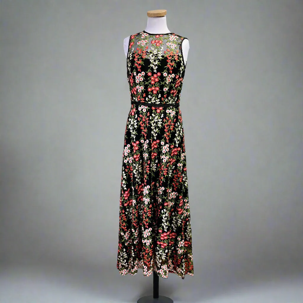 Tahari black embroidered floral dress, size 4