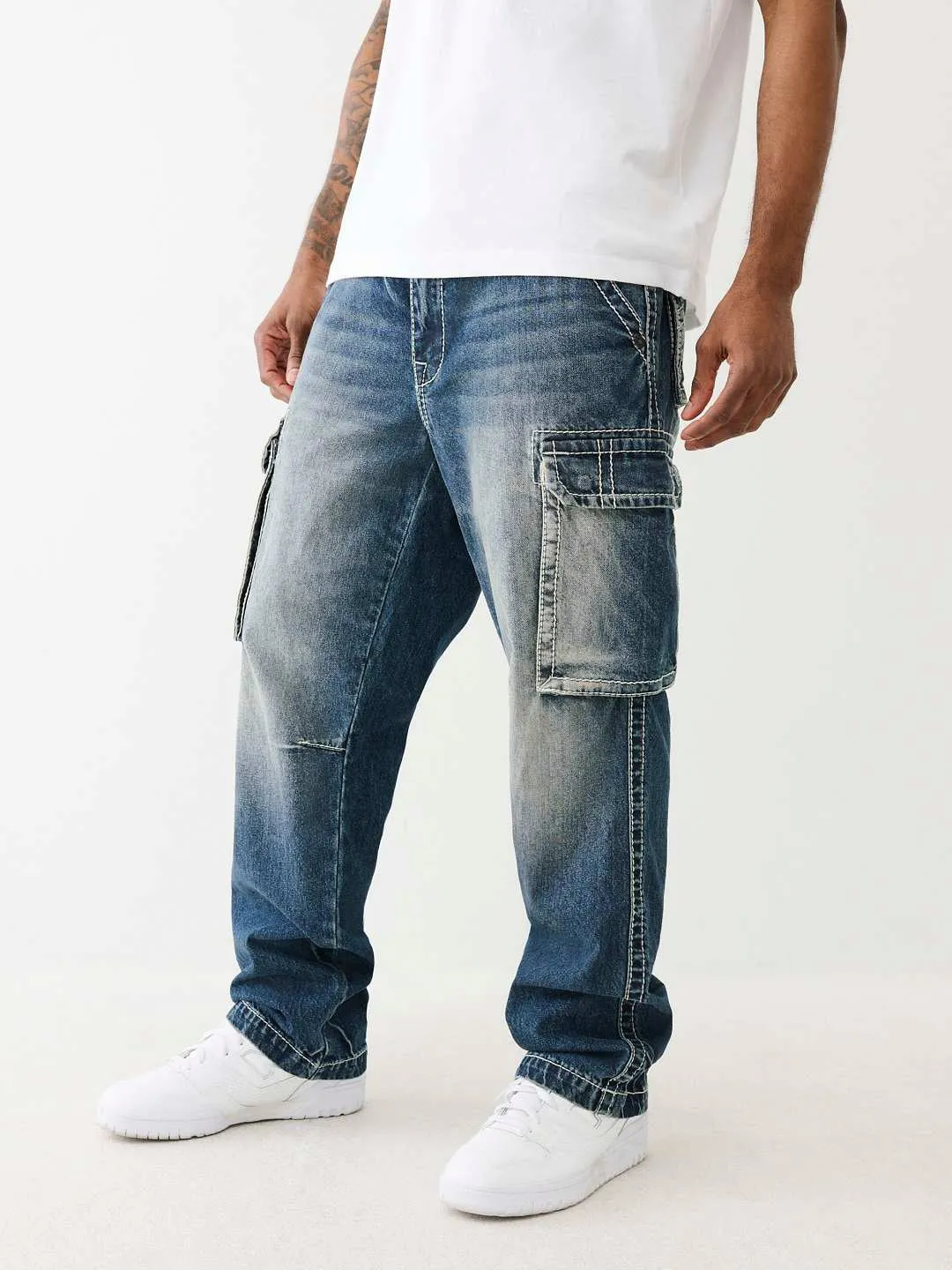 True Religion Big T Cargo Jogger Fit Blue Mid-Rise Washed Jeans
