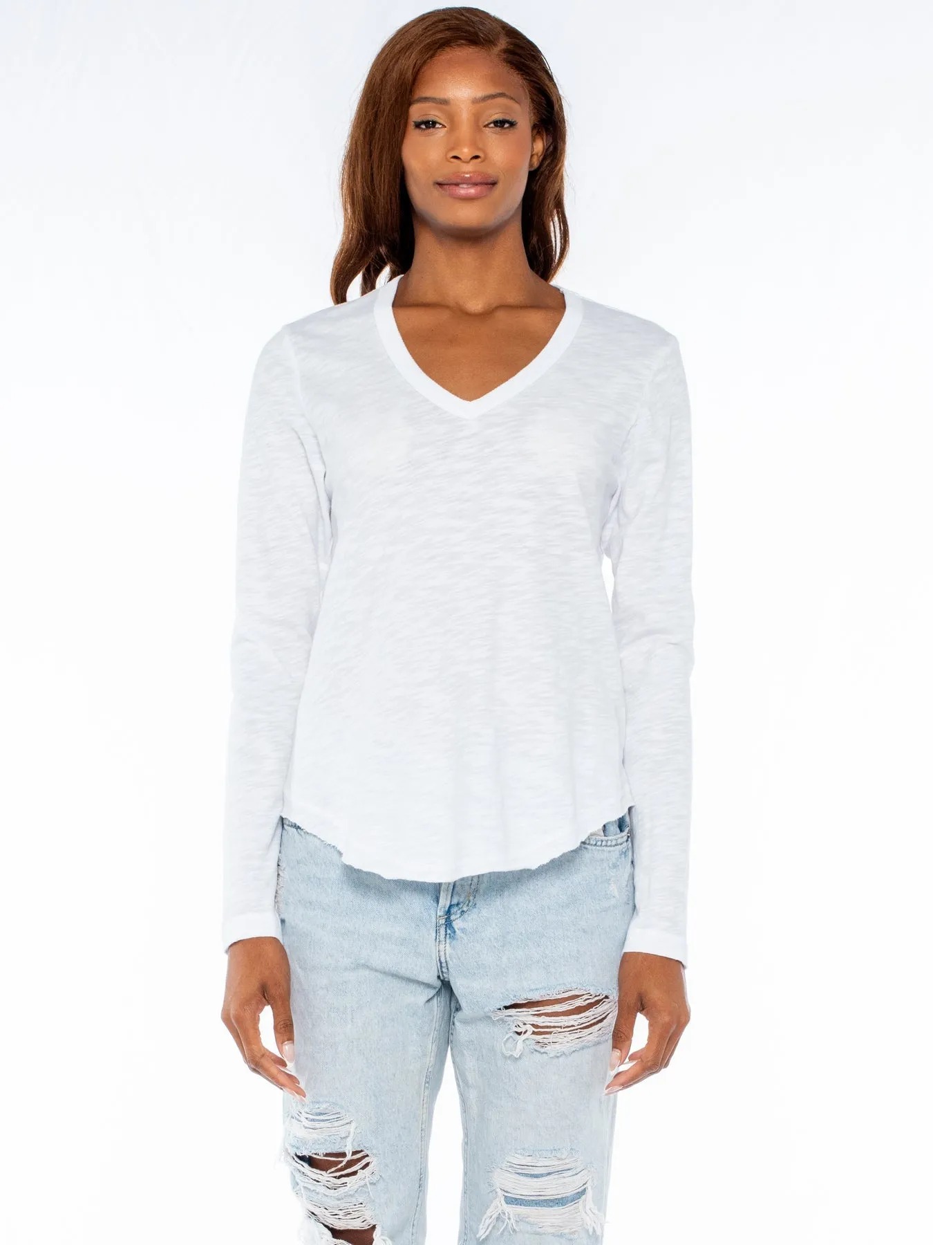 V Neck Raw Hem Shirttail LS Top