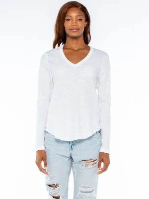 V Neck Raw Hem Shirttail LS Top
