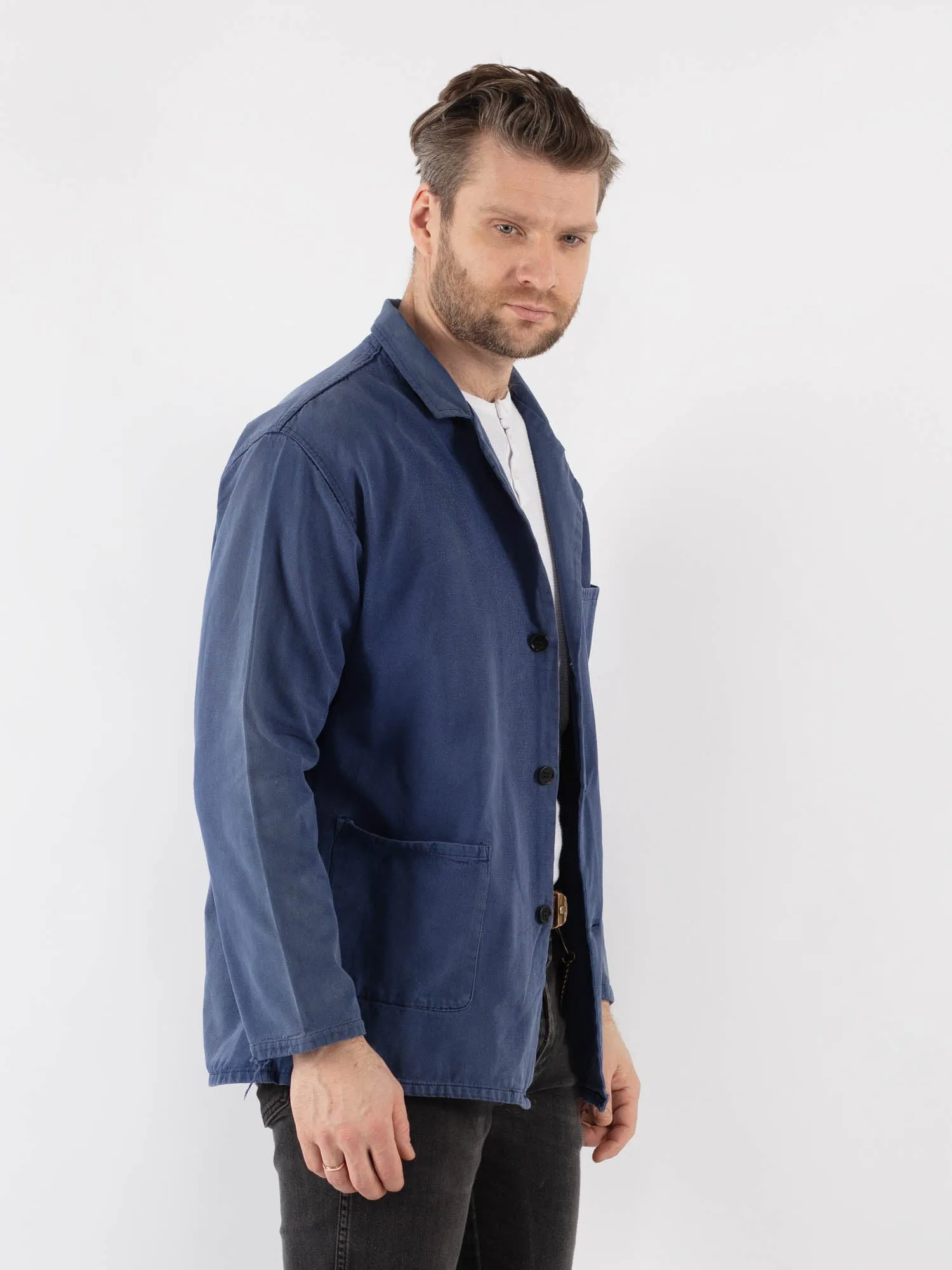 Vintage 70's Men Sun Faded Work Jacket in Blue