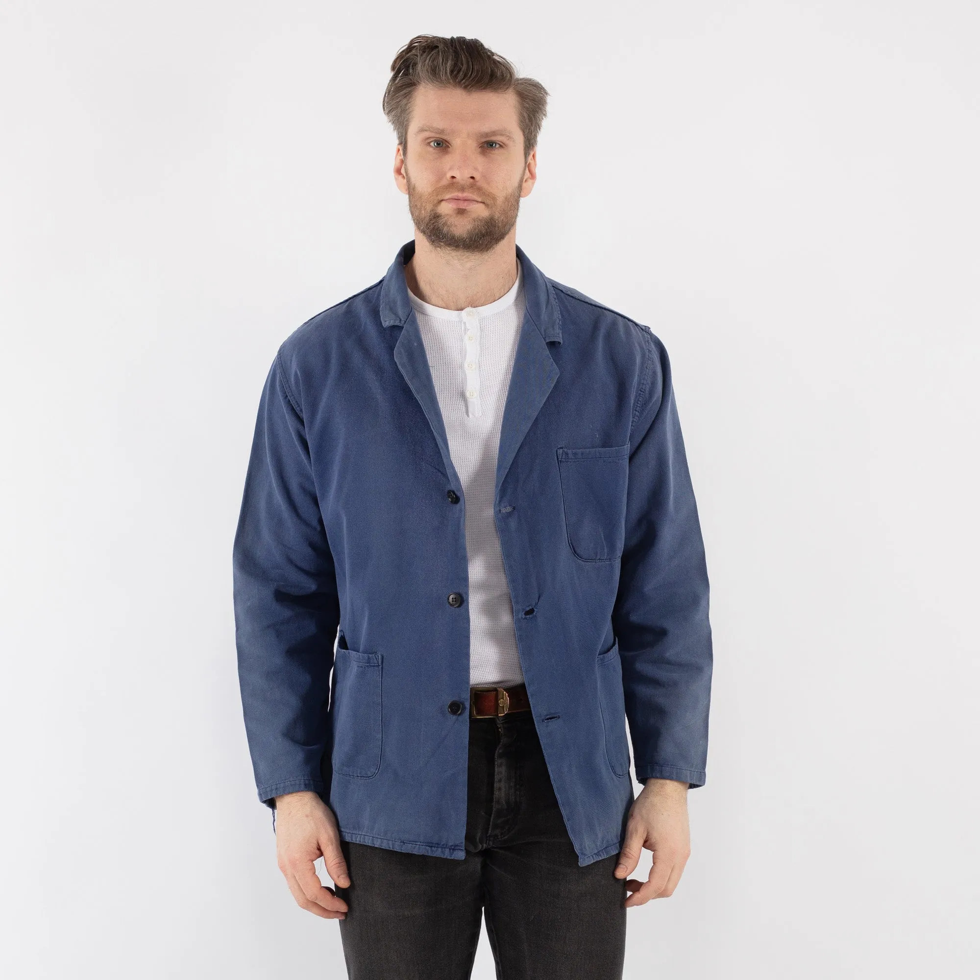 Vintage 70's Men Sun Faded Work Jacket in Blue