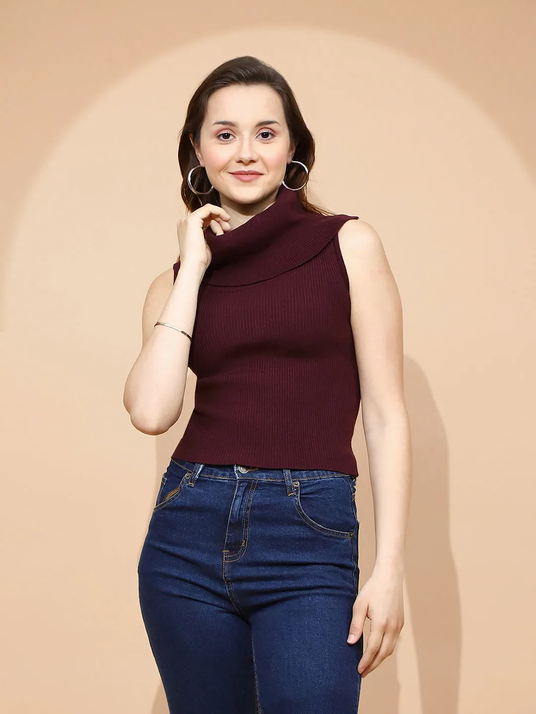 Wine Polyester Blend Skivvy Top