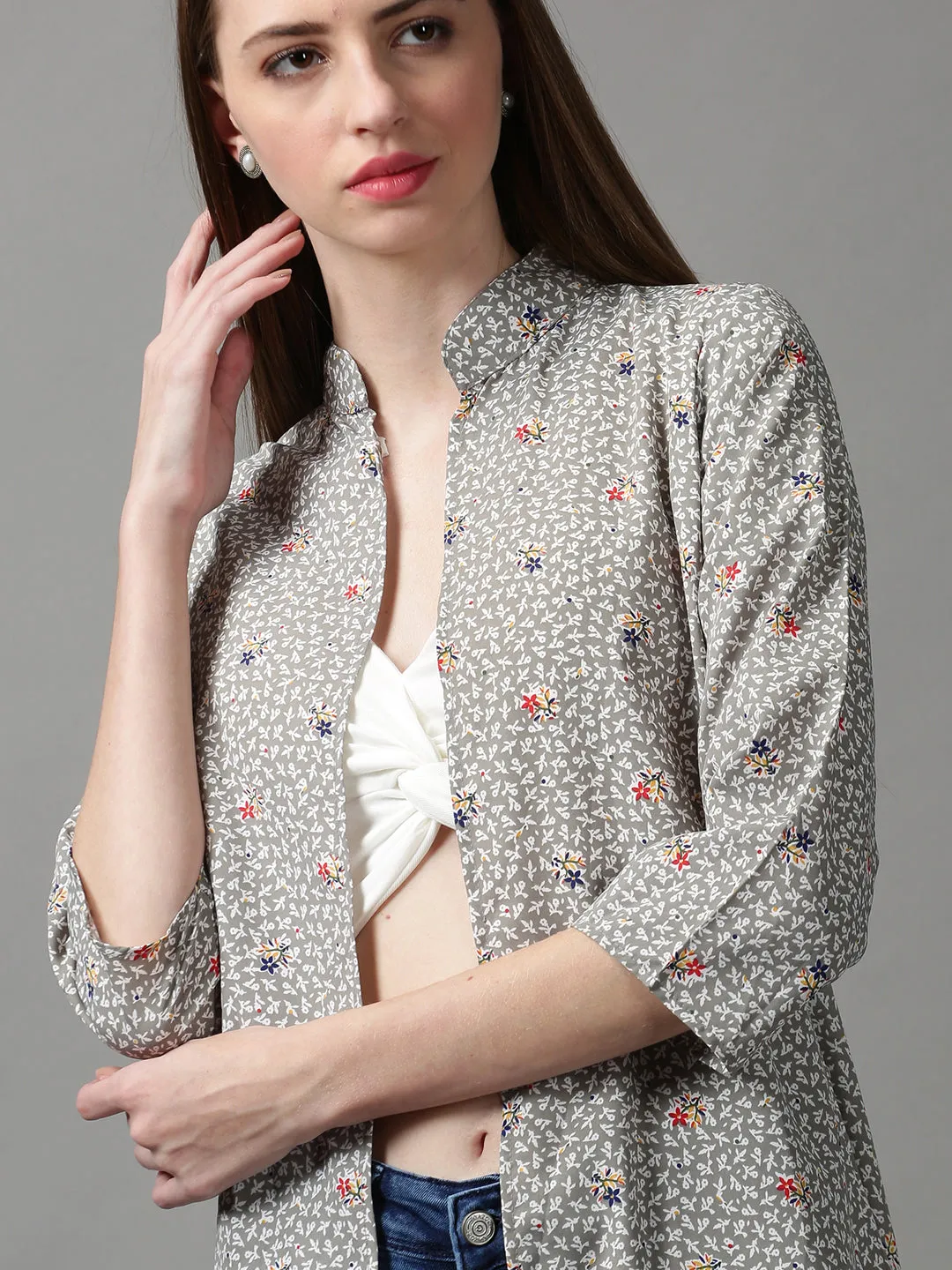 Women Grey Printed Longline Shrug