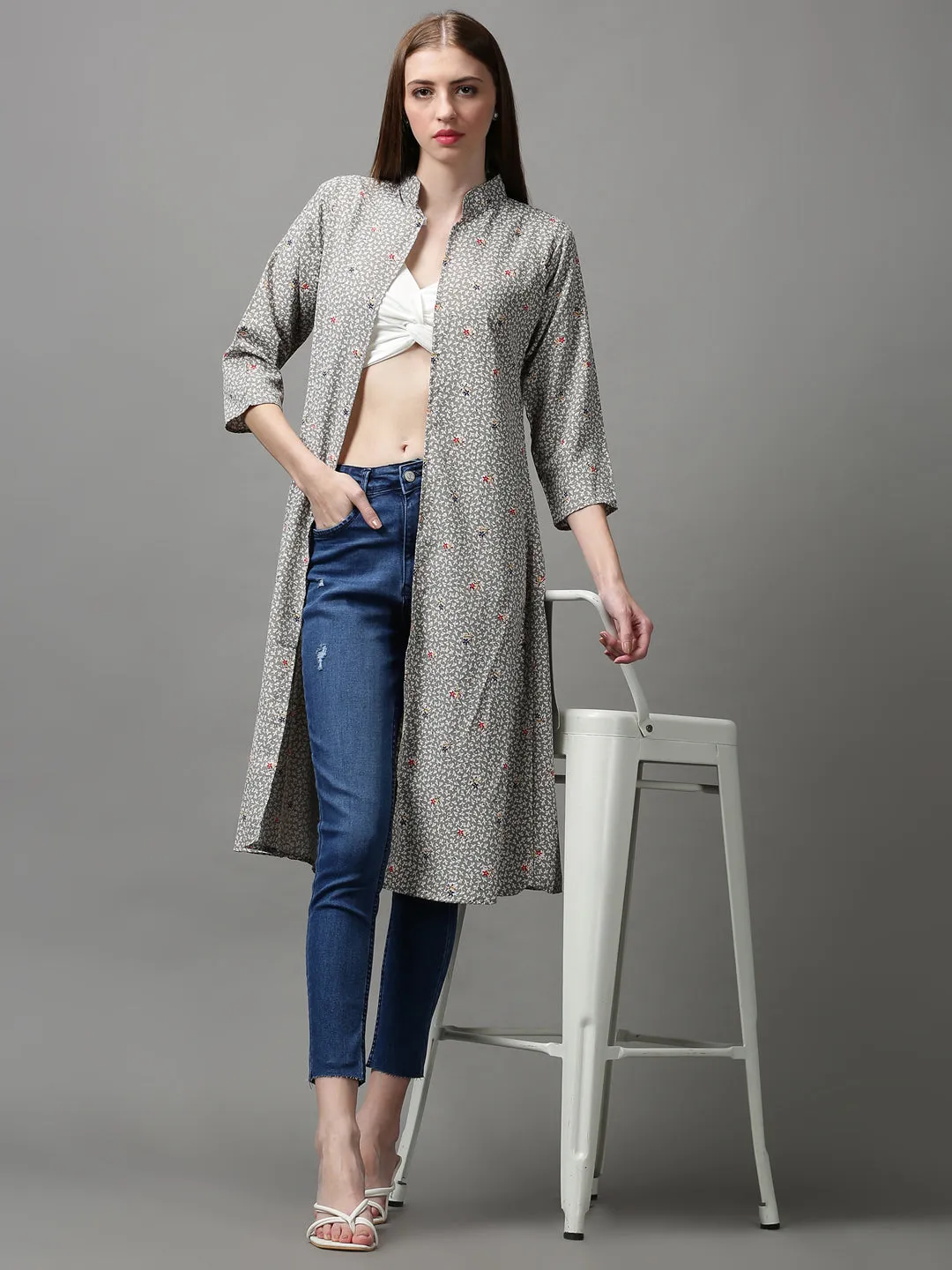 Women Grey Printed Longline Shrug