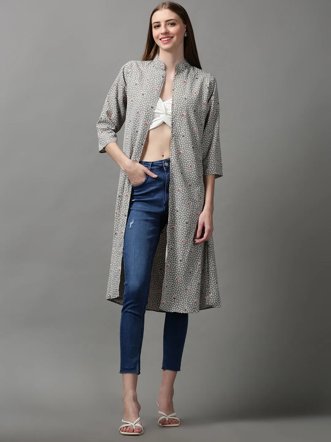 Women Grey Printed Longline Shrug