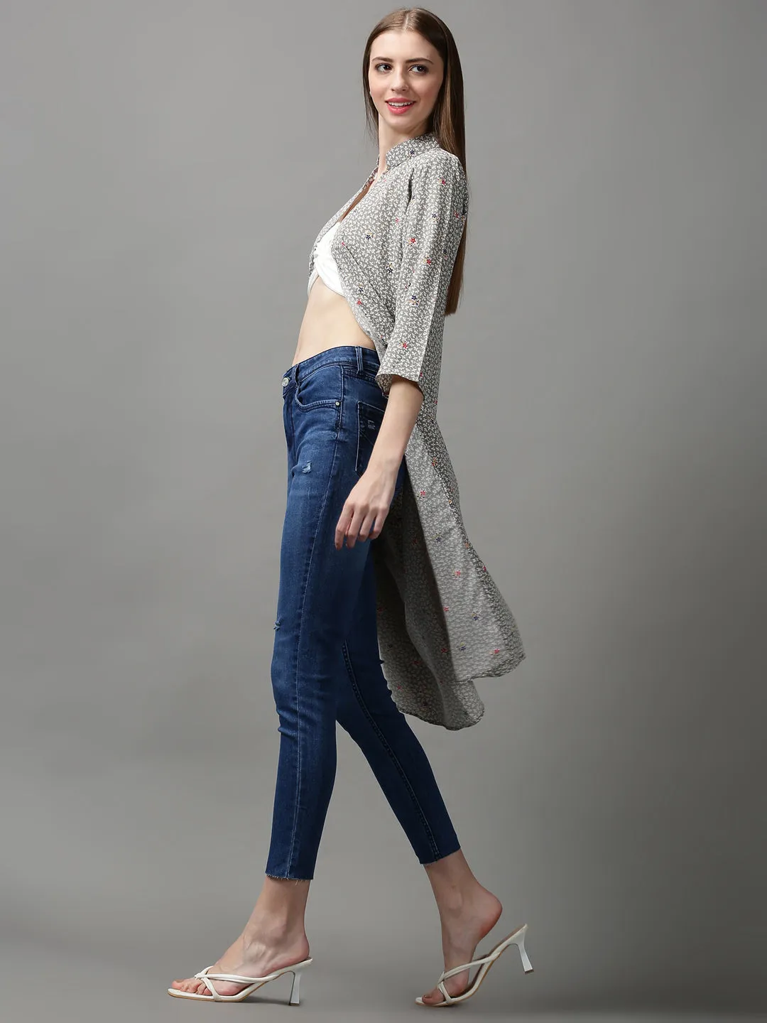 Women Grey Printed Longline Shrug