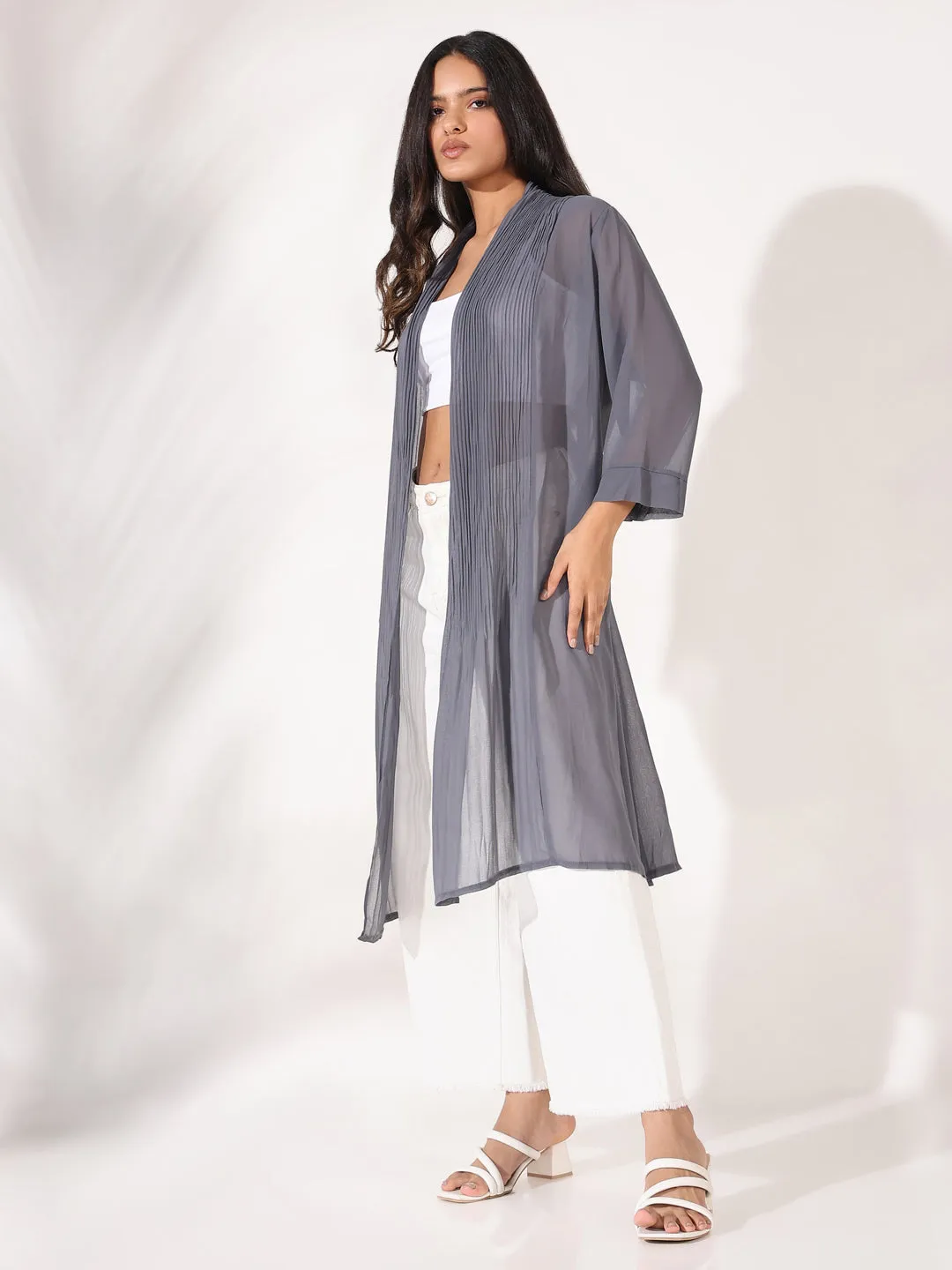Women Grey Solid Longline Shrug