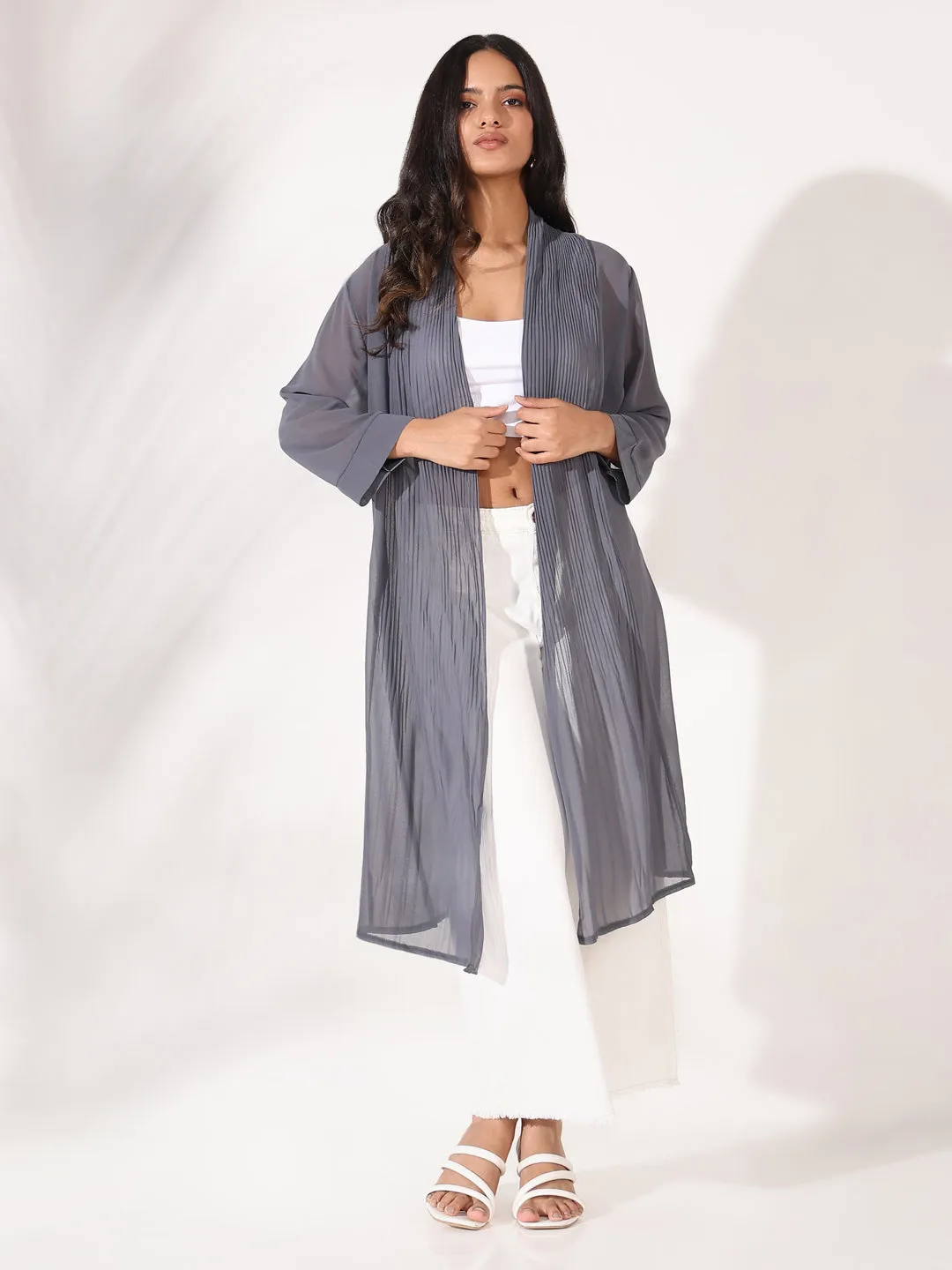 Women Grey Solid Longline Shrug