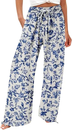 Women's Boho Wide Leg Palazzo Pants Womens Cotton Casual Loose Pants Comfy Work Pants with Long Casual Wide Leg