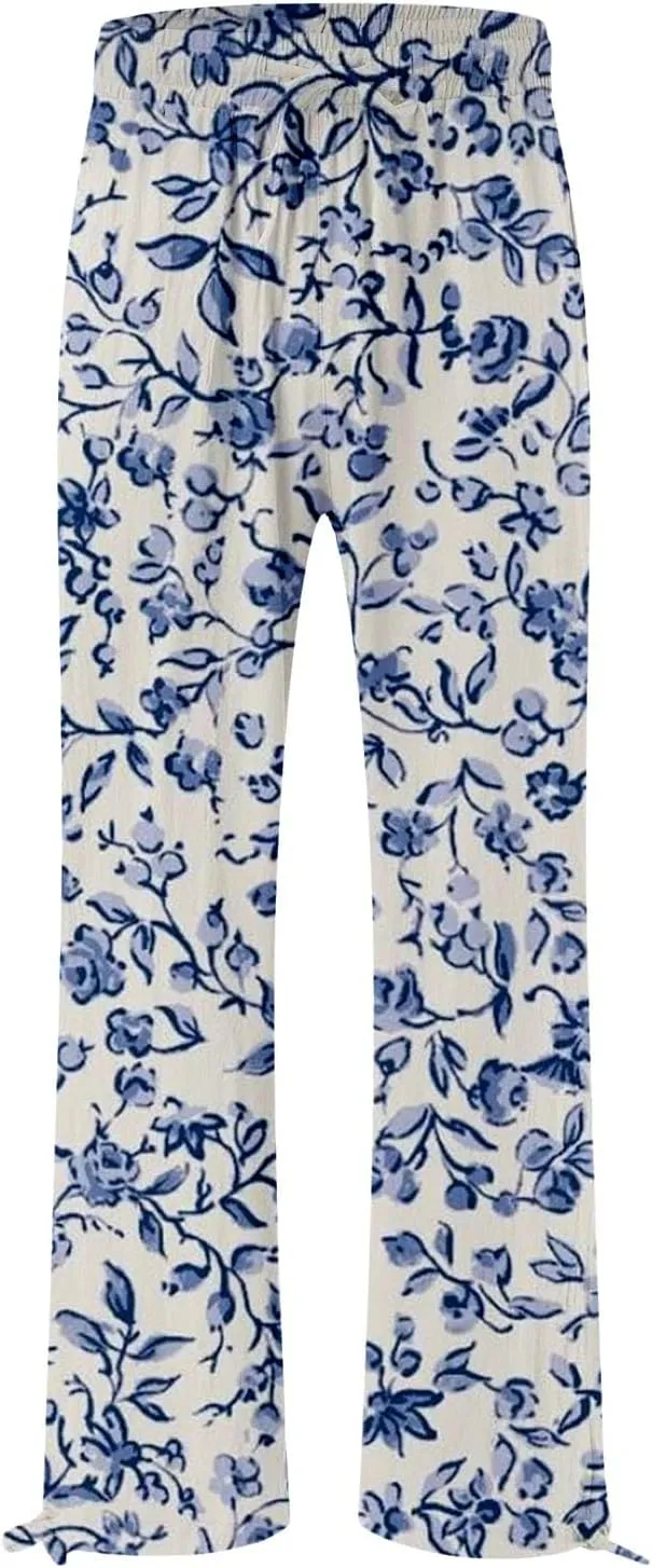 Women's Boho Wide Leg Palazzo Pants Womens Cotton Casual Loose Pants Comfy Work Pants with Long Casual Wide Leg