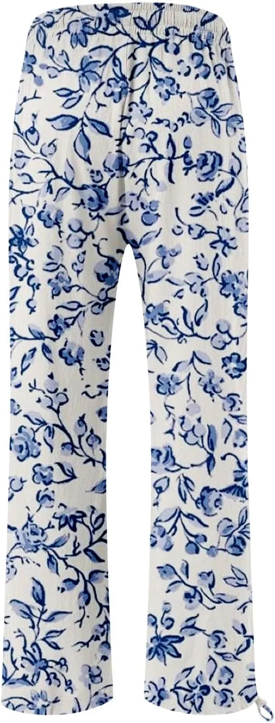 Women's Boho Wide Leg Palazzo Pants Womens Cotton Casual Loose Pants Comfy Work Pants with Long Casual Wide Leg