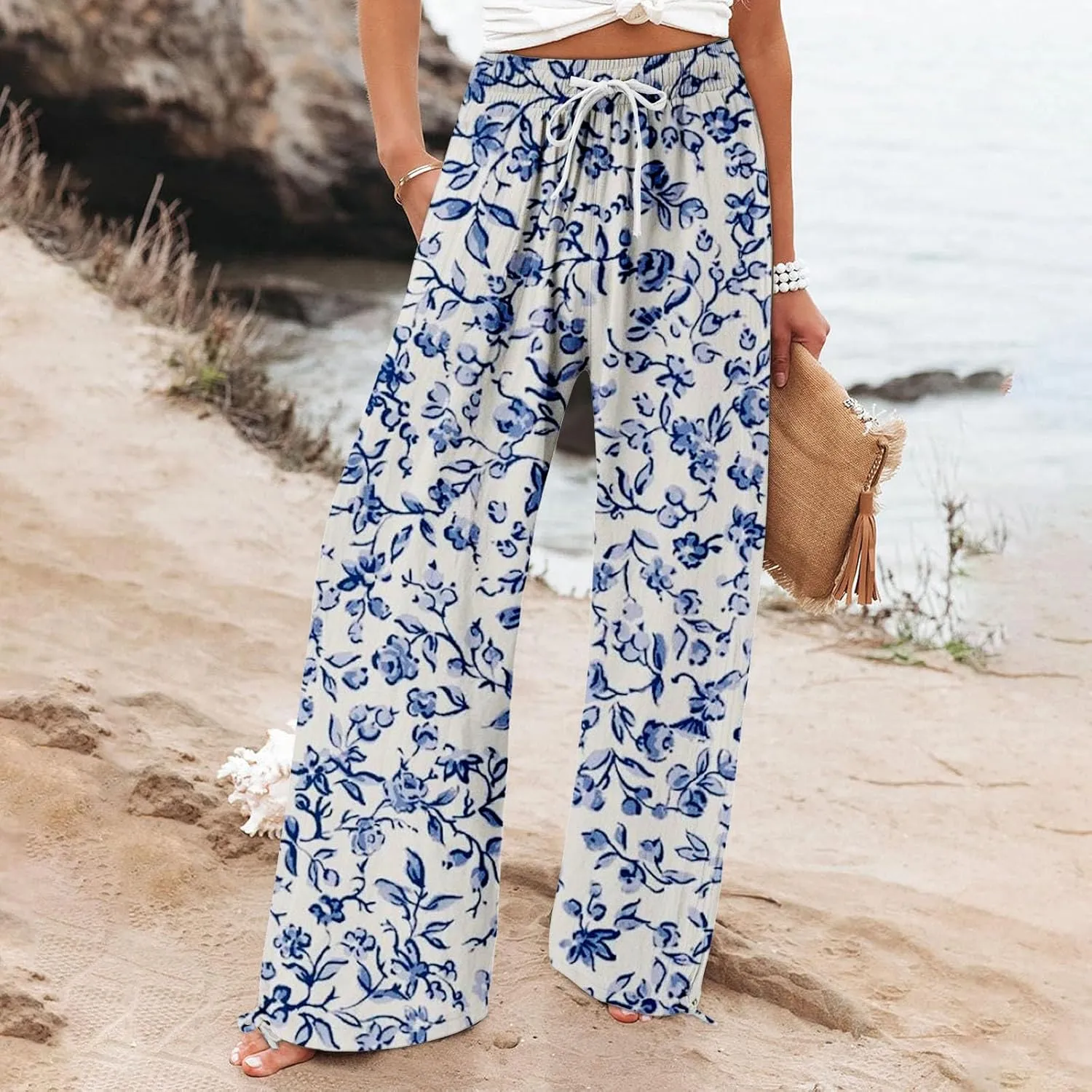 Women's Boho Wide Leg Palazzo Pants Womens Cotton Casual Loose Pants Comfy Work Pants with Long Casual Wide Leg