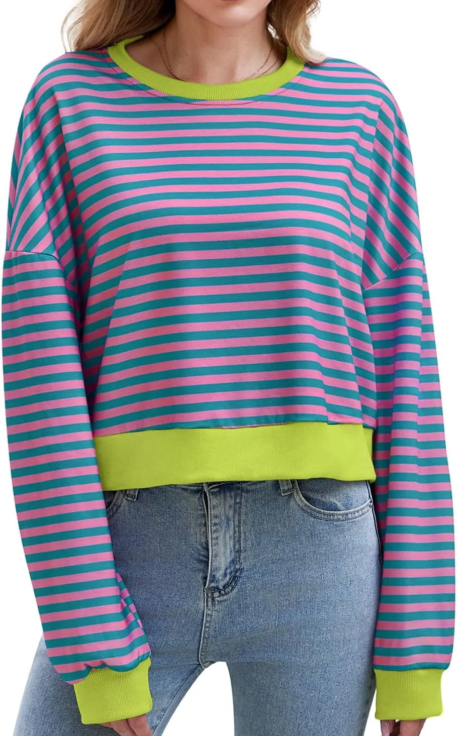 Womens Long Sleeve Striped Oversized Shirt Y2K Pullover Crop Top