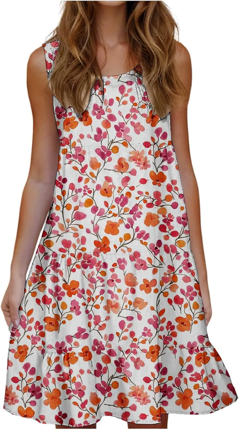 Womens Summer Dresses Tank Mini Dress Floral Spring Casual Flowy Tshirt Dress Outfits Flowy Wrap Beach Boho Sun Dress