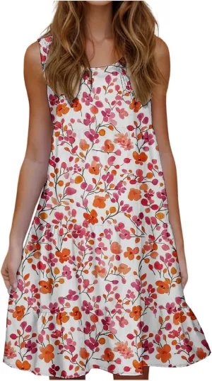 Womens Summer Dresses Tank Mini Dress Floral Spring Casual Flowy Tshirt Dress Outfits Flowy Wrap Beach Boho Sun Dress