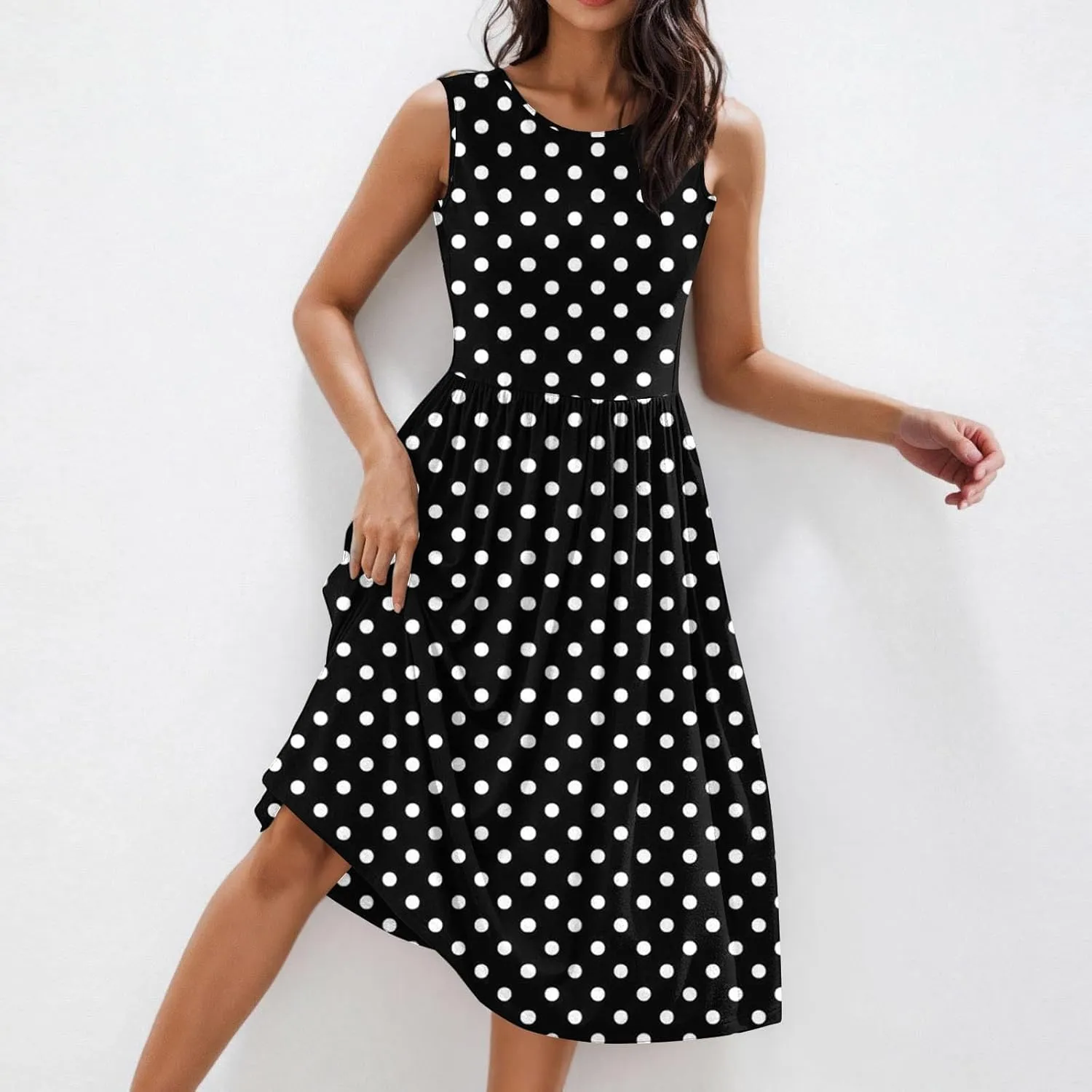 Womens Summer Tank Dress Sleeveless Casual A-line Beach Sundress High Waist Polka Dot Beach Midi Dress