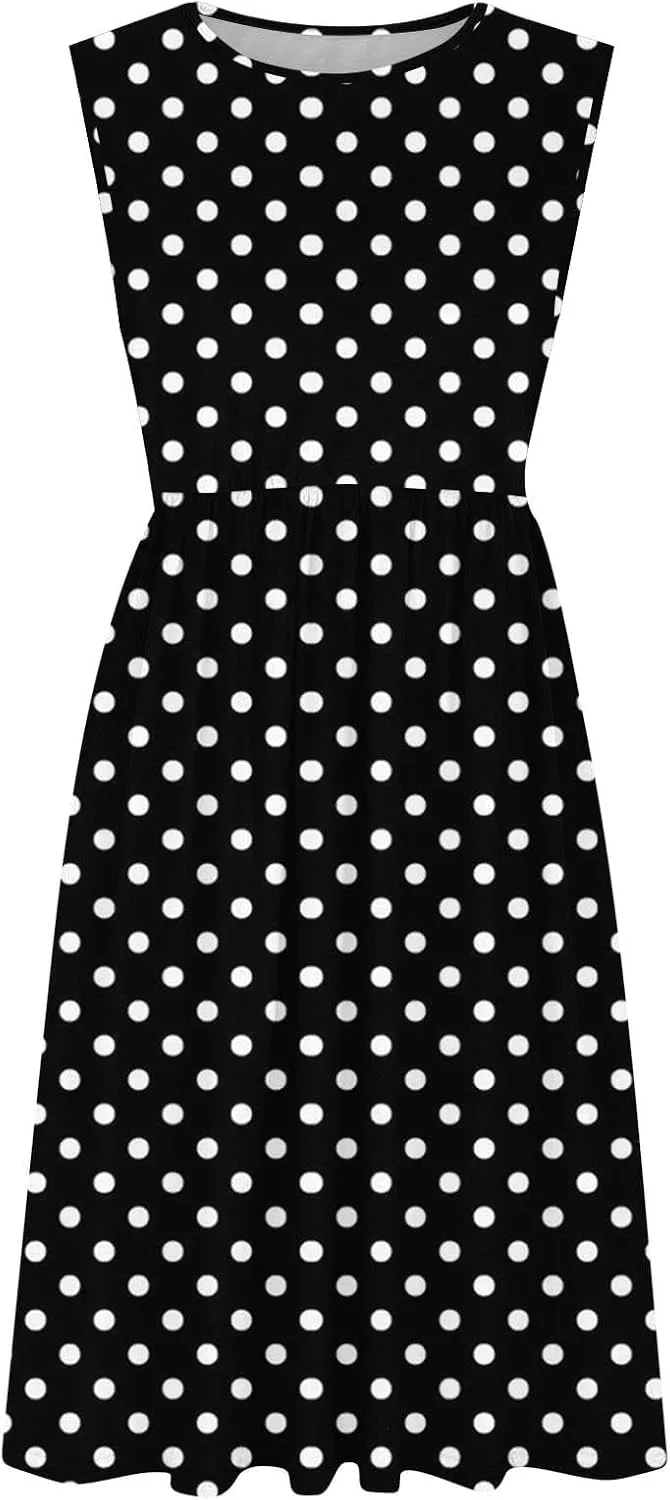 Womens Summer Tank Dress Sleeveless Casual A-line Beach Sundress High Waist Polka Dot Beach Midi Dress