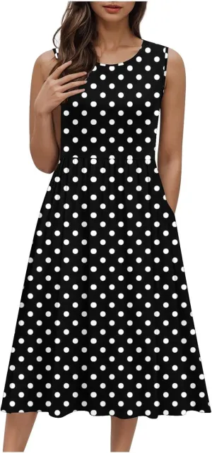 Womens Summer Tank Dress Sleeveless Casual A-line Beach Sundress High Waist Polka Dot Beach Midi Dress