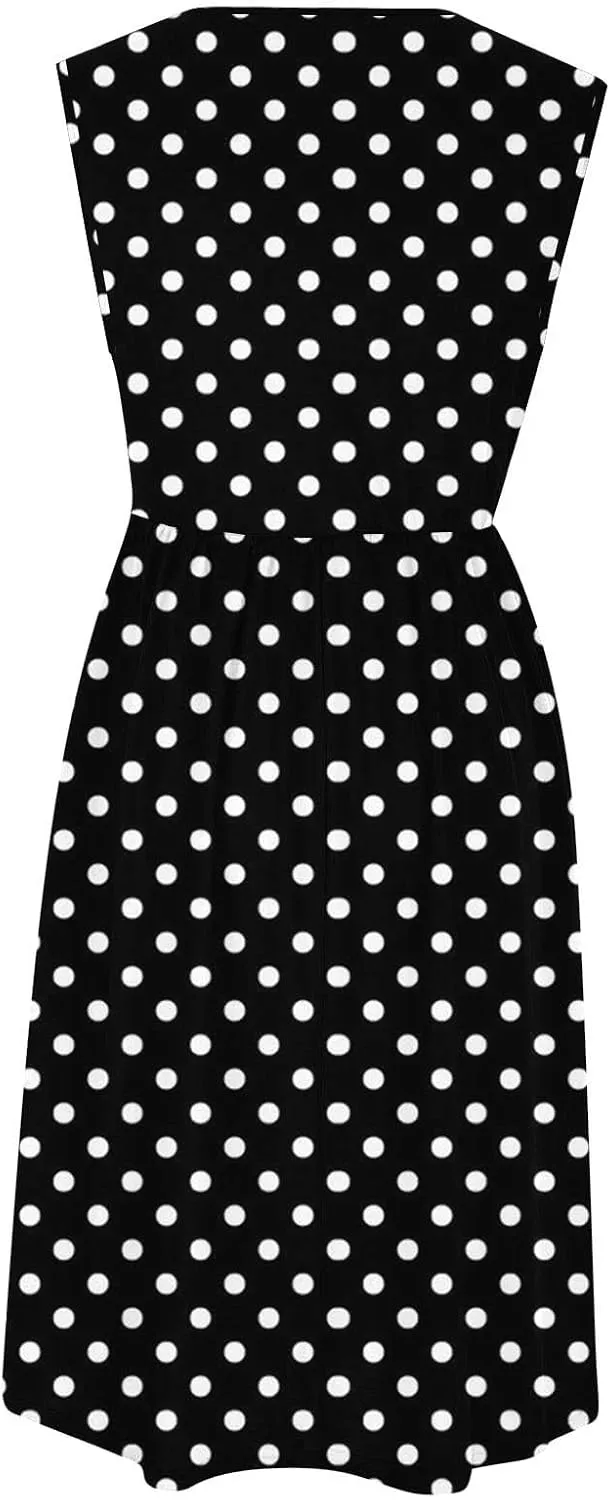 Womens Summer Tank Dress Sleeveless Casual A-line Beach Sundress High Waist Polka Dot Beach Midi Dress