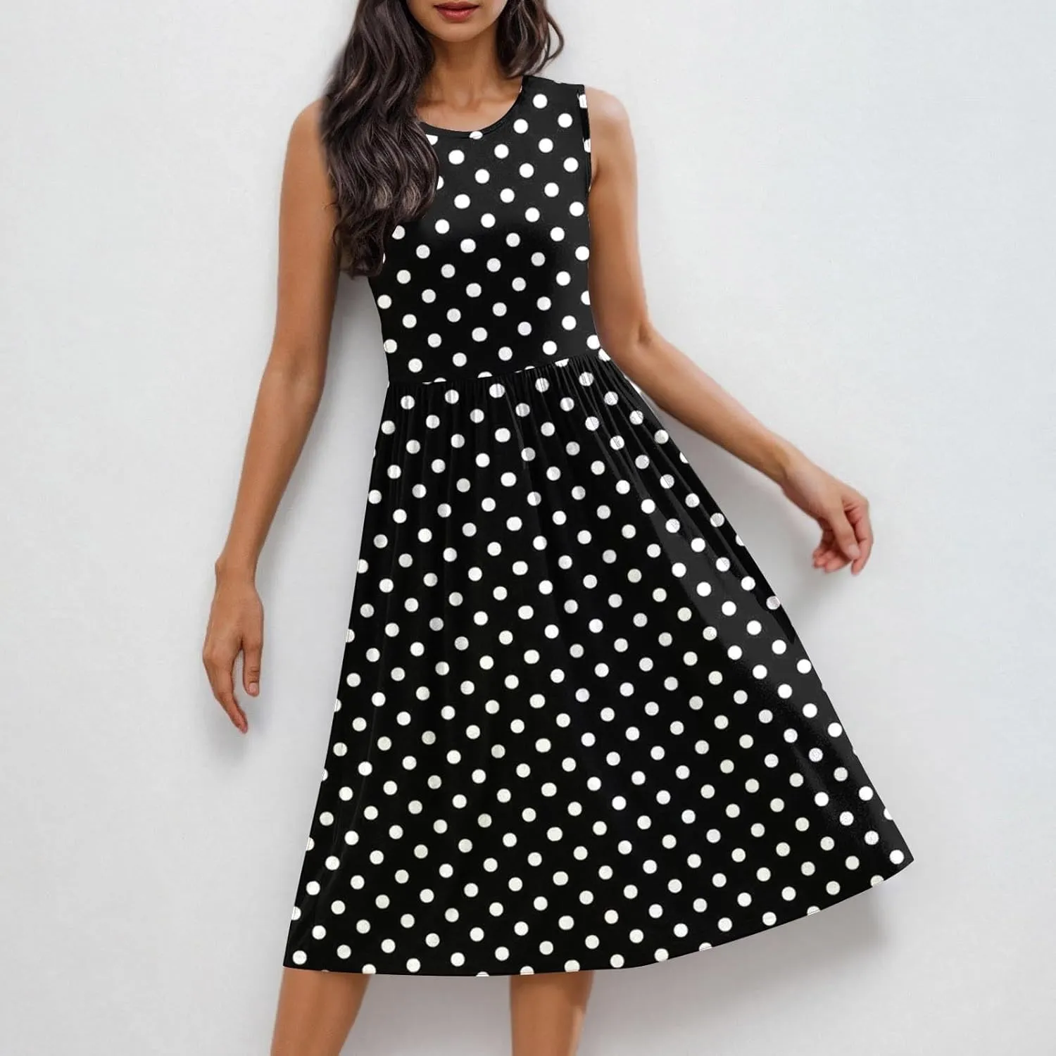 Womens Summer Tank Dress Sleeveless Casual A-line Beach Sundress High Waist Polka Dot Beach Midi Dress