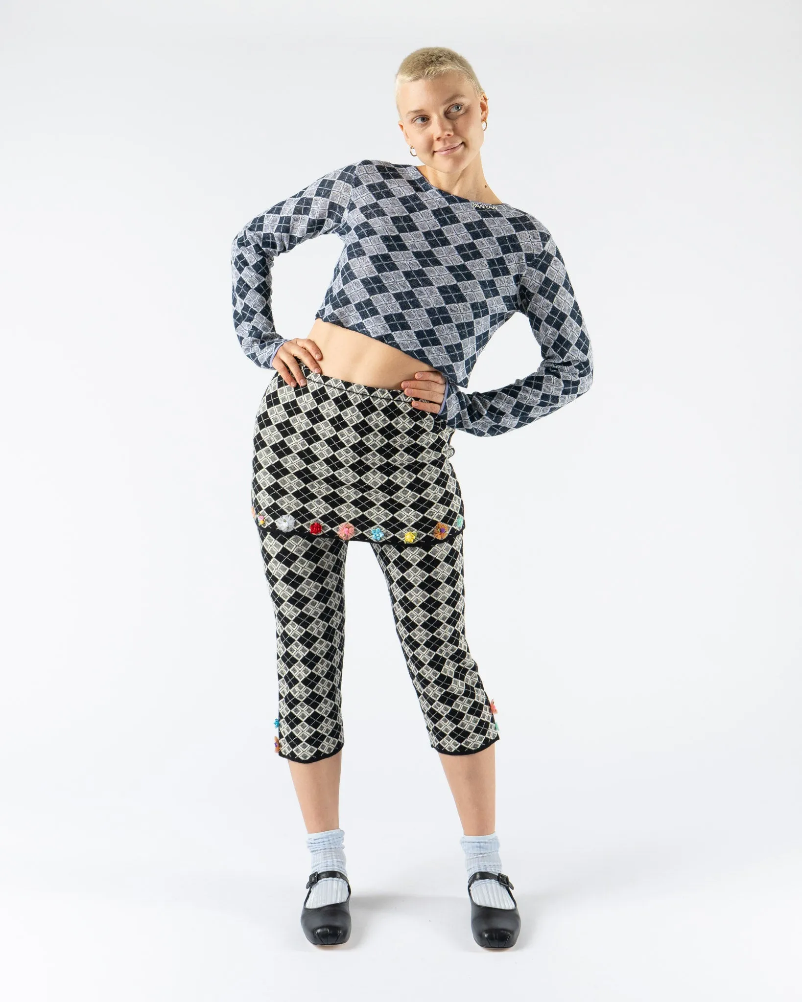 YanYan Argyle Pedal Pusher Mini Skirt with Flowers